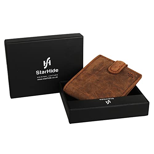STARHIDE Wallets Men RFID Blocking Contactless Protection Slim Genuine Hunter Leather Bifold Wallet With Zip Coin Pocket Gift Boxed 1100 (Brown Distressed)