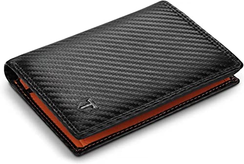 TEEHON® Wallets Mens RFID Blocking Carbon Fibre Leather Mens Wallets with Zip Coin Pocket, 11 Card Holders, 2 ID Windows, 2 Banknote Compartments, Trifold Vertical Wallet for Men, Black Orange