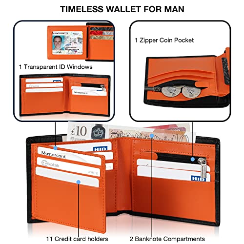 TEEHON® Wallets Mens RFID Blocking Genuine Leather Mens Wallets with 11 Card Holder, 2 Banknote Compartments, Coin Pocket, ID Window, Minimalist Wallets for Men UK with Gift Box - Black & Orange