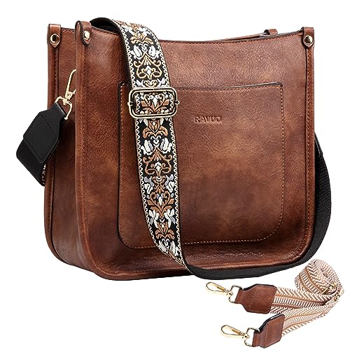 RAVUO Crossbody Bags for Women, Vegan Leather Shoulder Bag Fashion Ladies Hobo Handbags with 2 Adjustable Straps Brown