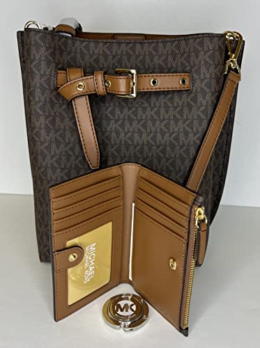 MICHAEL Michael Kors Emilia SM Bucket Bag Messenger Crossbody bundled with SM Zip Card Case and Michael Kors Purse Hook (Signature MK Brown)