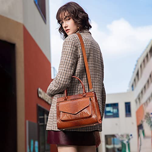 NICOLE & DORIS Women Handbags Fashion Top Handles Bags Crocodile Handbag Ladies Shoulder Bags Medium PU Leather Brown