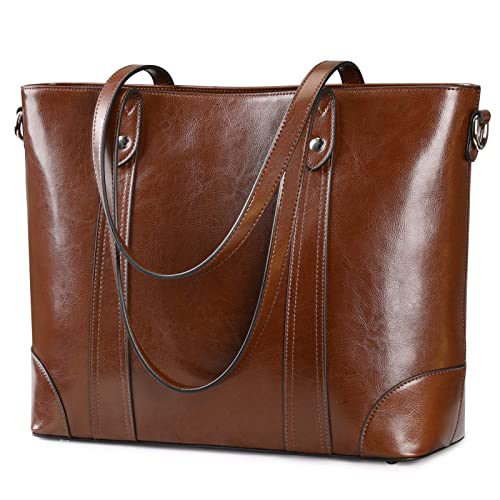 S-ZONE 15.6" Leather Laptop Bag for Women Shoulder Bag Large Work Tote with Padded Compartment (dark brown)