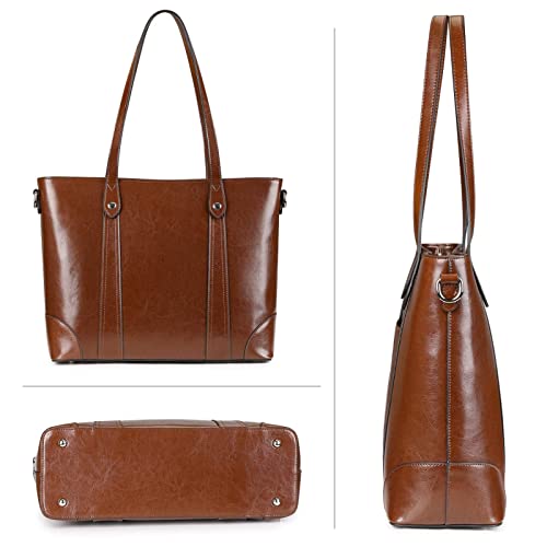 S-ZONE 15.6" Leather Laptop Bag for Women Shoulder Bag Large Work Tote with Padded Compartment (dark brown)