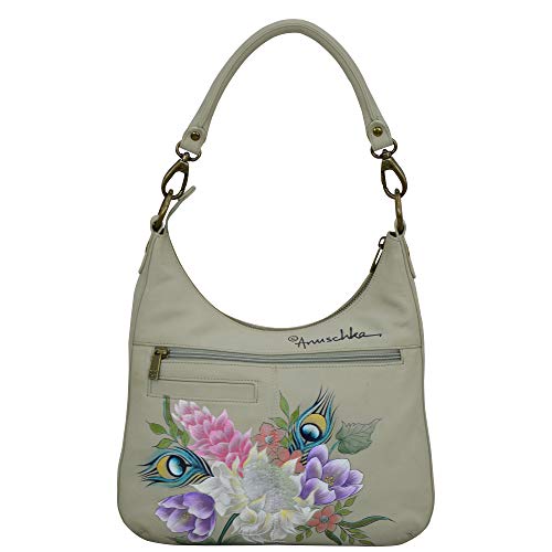 Anuschka Hand Painted Women’s Genuine Leather Convertible Slim Hobo with Crossbody Strap - Regal Peacock