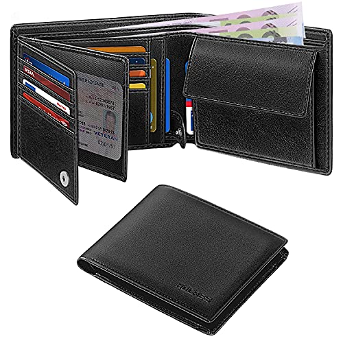 HOCRES® Wallets for Mens RFID Blocking Leather Slim Wallet with 15 Credit Card Holders, 2 Banknote Compartments & 2 ID Window Minimalist Wallets with Gift Box
