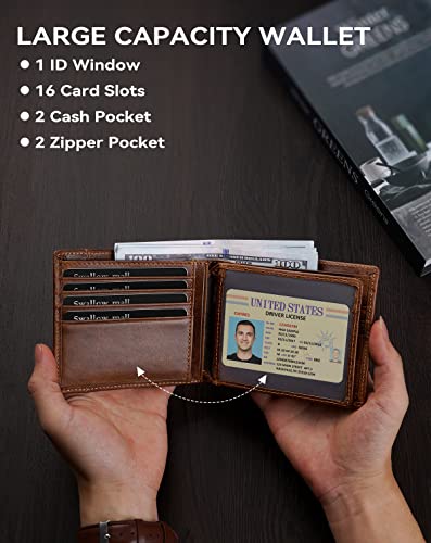 swallowmall Mens Wallet RFID Genuine Leather Slim Bifold Wallets for Men, ID Window 16 Card Holders Gift Box