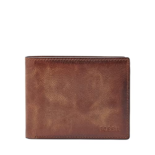 Fossil Men's Derrick RFID-Blocking Leather Bifold Wallet with Flip ID Window, Brown, One Size