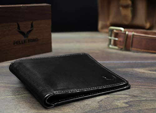 PELLE TORO Handmade Super Slim Men's Wallet, Handmade with Napa Leather, RFID Blocking Wallet, 9 Card Slots & ID Window (Charcoal Black)