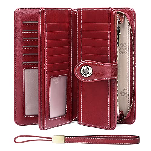 SENDEFN Genuine Leather Purses for Women, RFID Large Ladies Purse, Wallet for Women with Wrist Strap