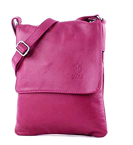 LeahWard Small Genuine Italian Soft Leather Cross Body Messenger Bag Shoulder Strap Handbag Phone Holder Holiday (Fuchsia)