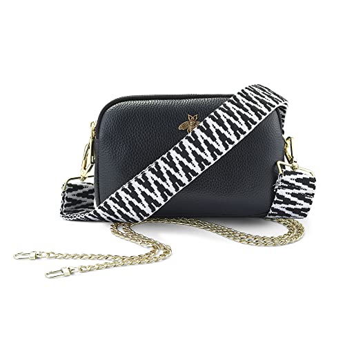 Woodland Leather Genuine Leather Ladies Cross Body Bag, Shoulder Bag With Adjustable Wide Strap, Chain And Wrest Band, Italian Designed Multipurpose Shoulder & Crossbody Bags For Women (Black)