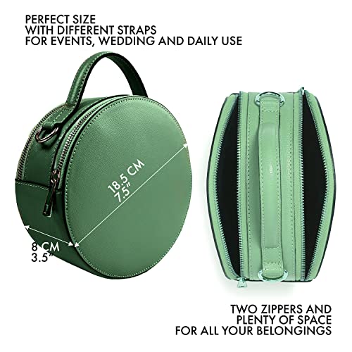 Woodland Leather Italian Designer Handbags For Women, Vera Pelle Genuine Leather Round Cross Body Bag And Top Handle Bag For Ladies With Fashion Shoulder Bag Strap (Green)