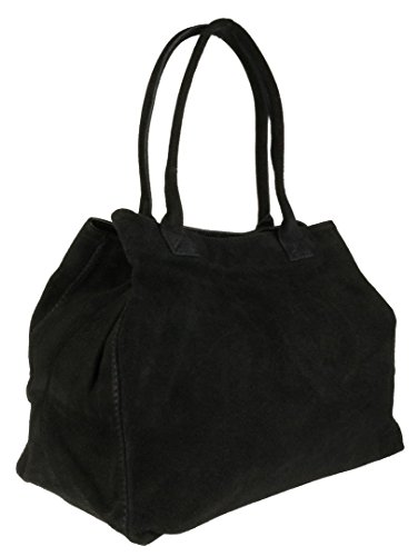 Girly Handbags Womens Expandable Italian Suede Leather Shoulder Bag - Black