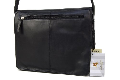 VISCONTI - Women's Cross Body Bag - Atlantic Leather - Office Work Organiser Messenger Bag - Flap Over Shoulder Handbag - Tablet/iPad/Kindle - Multiple Pockets - TESS - 754 - Black