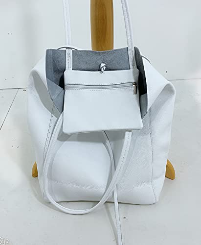 LeahWard Large Leather Hobo Shoulder Bag, Women's Genuine Italian Hand Made Leather Shoulder Bags, Soft Leather Handbags, A4 College School Work Business Bags (White)
