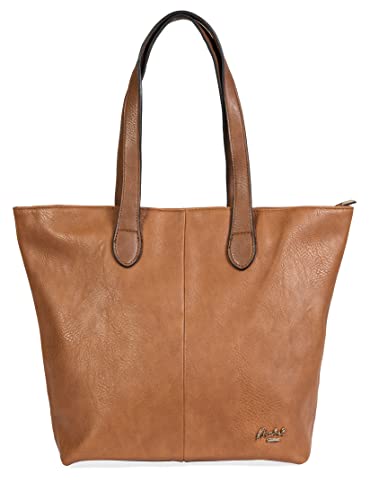 Mabel Womens Lightweight Plain Handbag - Soft 100% Vegan PU Leather Tote Shoulder Bag - BROOK (Design 1 - Medium Tan)