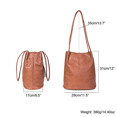 Mabel London Women's Fashion Designer Medium Size Plain Soft Vegan Leather Hobo Bucket Tote Shoulder Bag - Delilah (Medium Tan)