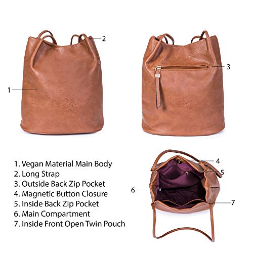 Mabel London Women's Fashion Designer Medium Size Plain Soft Vegan Leather Hobo Bucket Tote Shoulder Bag - Delilah (Medium Tan)