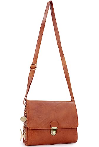 Catwalk Collection Handbags - Women's Leather Crossbody Bag - Messenger - Fits iPad/Tablet - DIANA - Tan