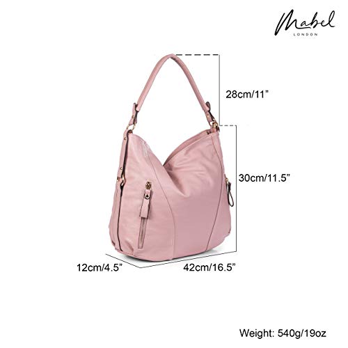 Mabel Womens Large Shoulder Handbag - Top Zip Opening Leather Bag - Multiple Zip Front Pockets Slouch Bag (Medium Tan)