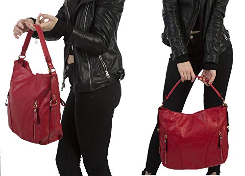 Mabel Womens Large Shoulder Handbag - Top Zip Opening Leather Bag - Multiple Zip Front Pockets Slouch Bag (Medium Tan)