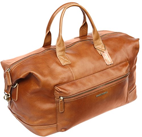 Enzo Design Top Grain Leather Holdall Bag - Detachable and Adjustable Shoulder Strap - Tan
