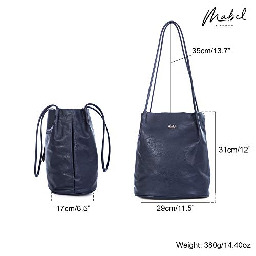 Mabel London Women's Fashion Designer Medium Size Plain Soft Vegan Leather Hobo Bucket Tote Shoulder Bag - Delilah (Navy)