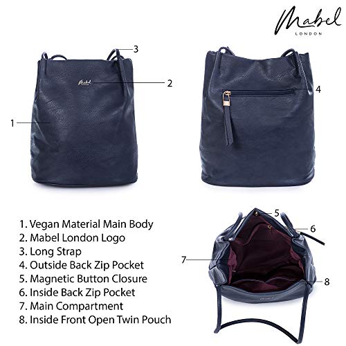 Mabel London Women's Fashion Designer Medium Size Plain Soft Vegan Leather Hobo Bucket Tote Shoulder Bag - Delilah (Navy)