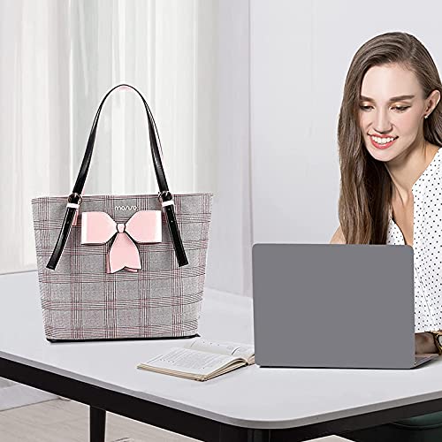 MOSISO Laptop Bag, 15.6 inch Laptop Tote Bag PU Leather Grid Pattern Large Capacity Work Business Travel Briefcase Handbag with Bowknot Compatible with MacBook & Notebook, Pink&Red