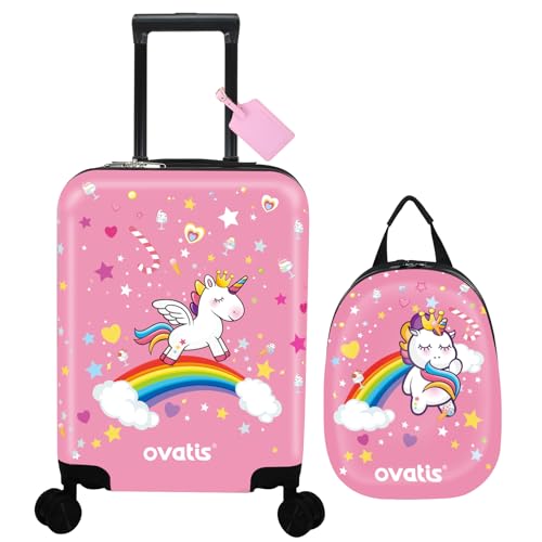 ovatis Kid Luggage Case and Backpack with Luggage Tag 18 Inch Suitcase and 13 Inch Backpack Suitcase for Girls (Pink, Unicorn)