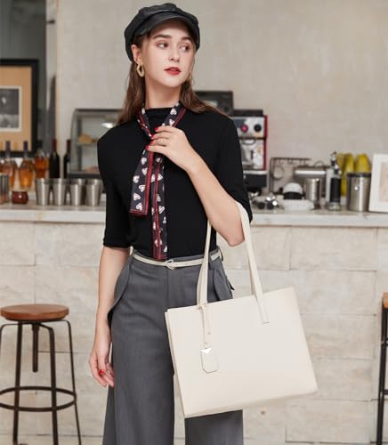 MORGLOVE Women's Leather Tote: Simple Shoulder Bag, Beige