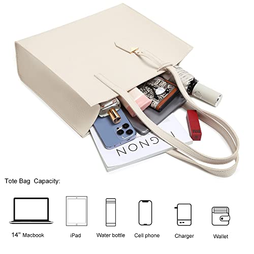 MORGLOVE Women's Leather Tote: Simple Shoulder Bag, Beige