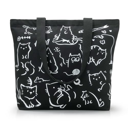 Black Reusable Canvas Tote Bag with Inner Pockets
