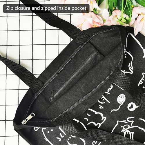 Black Reusable Canvas Tote Bag with Inner Pockets