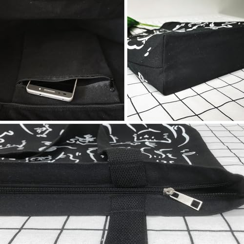 Black Reusable Canvas Tote Bag with Inner Pockets
