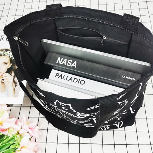 Black Reusable Canvas Tote Bag with Inner Pockets