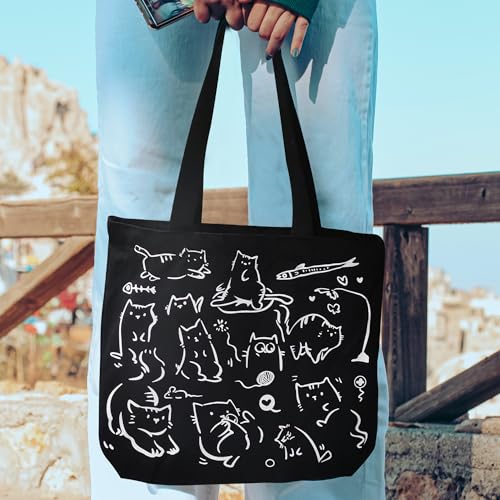 Black Reusable Canvas Tote Bag with Inner Pockets