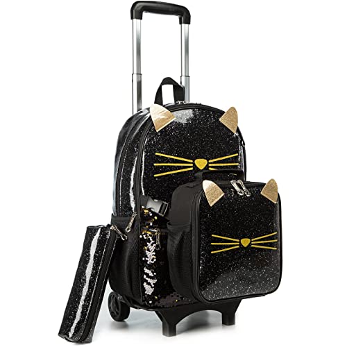 Egchescebo Girls Designer Rolling Backpack - 3PCS Black Cat