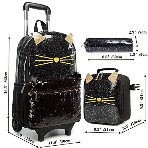 Egchescebo Girls Designer Rolling Backpack - 3PCS Black Cat