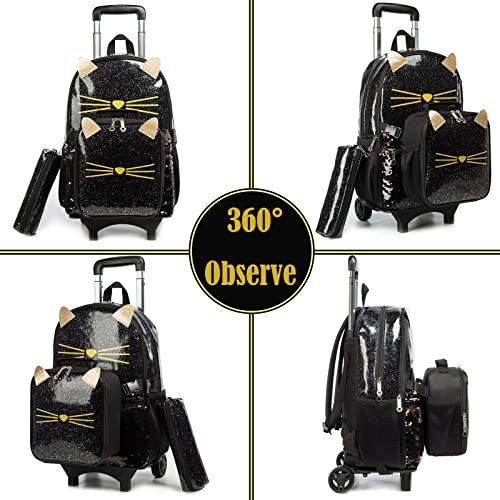 Egchescebo Girls Designer Rolling Backpack - 3PCS Black Cat