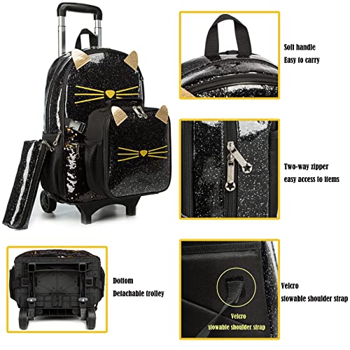 Egchescebo Girls Designer Rolling Backpack - 3PCS Black Cat