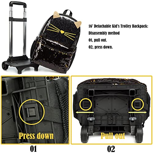 Egchescebo Girls Designer Rolling Backpack - 3PCS Black Cat