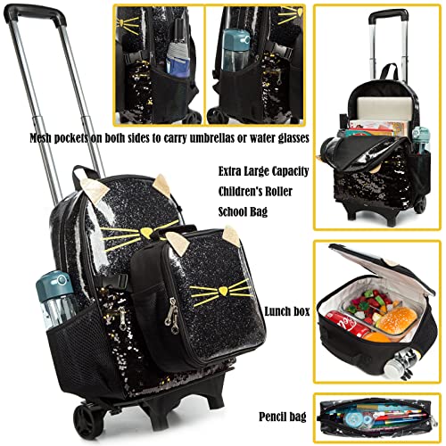 Egchescebo Girls Designer Rolling Backpack - 3PCS Black Cat