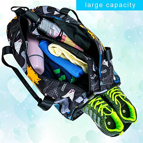 Boys' Black Dinosaur Travel Duffle Bag: Overnight Weekender