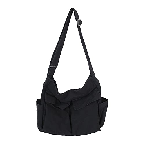 Denim Shoulder Bag with Multiple Pockets and Adjustable Straps