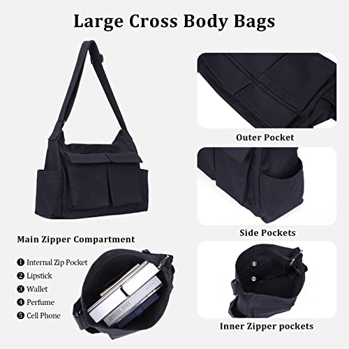 Denim Shoulder Bag with Multiple Pockets and Adjustable Straps