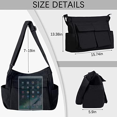 Denim Shoulder Bag with Multiple Pockets and Adjustable Straps