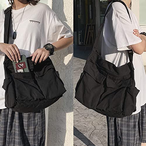 Denim Shoulder Bag with Multiple Pockets and Adjustable Straps