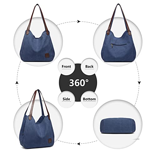 KONO Damen Vintage Canvas Schultertasche Umhängetasche (Navy)